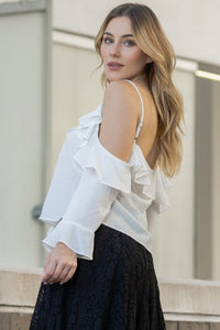 Blusa Poliana Crepe Manga Longa Vazada - Branco