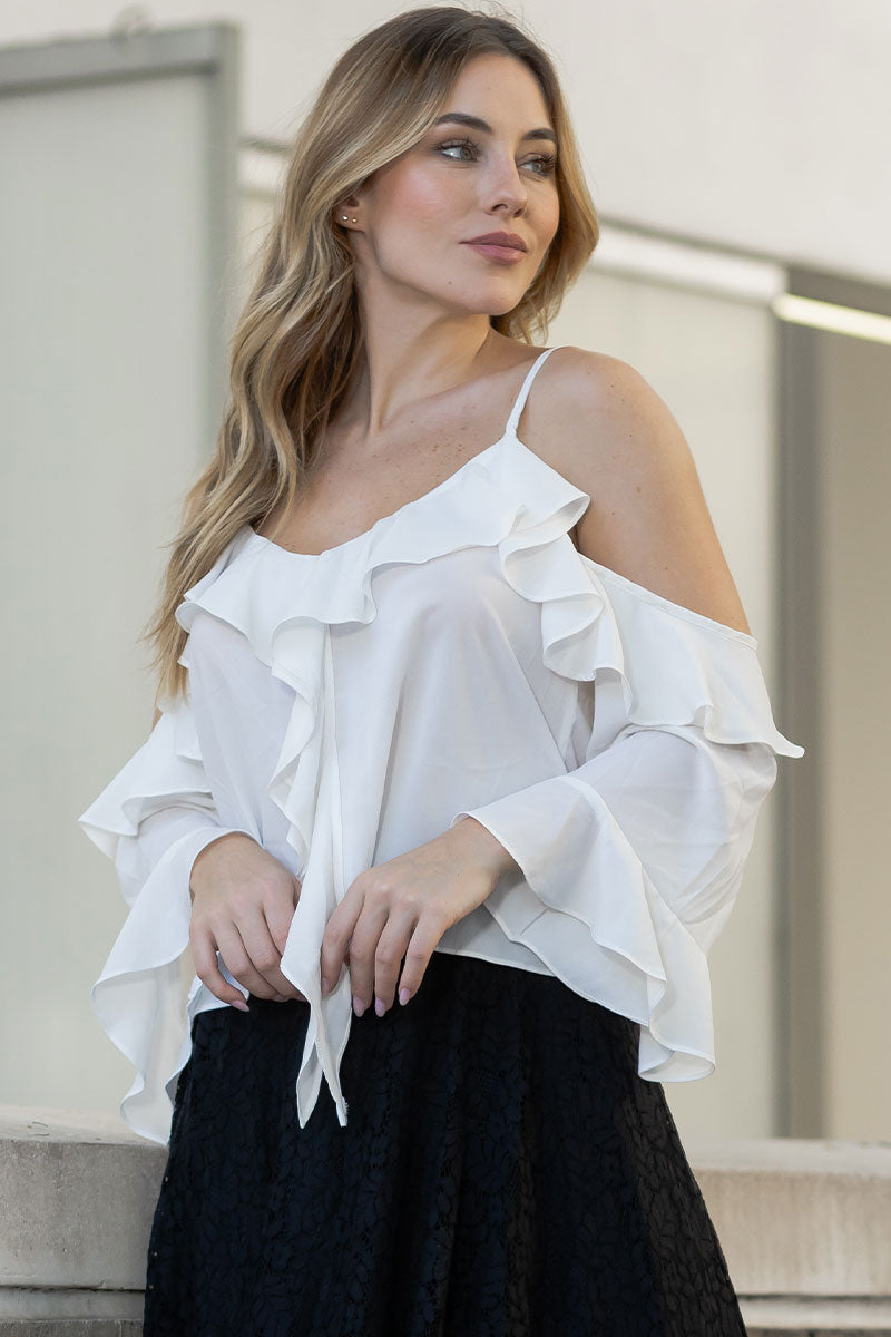 Blusa Poliana Crepe Manga Longa Vazada - Branco