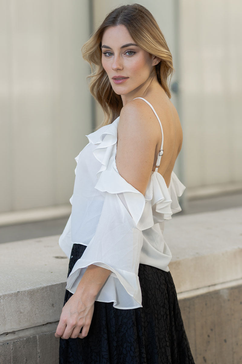 Blusa Poliana Crepe Manga Longa Vazada - Branco