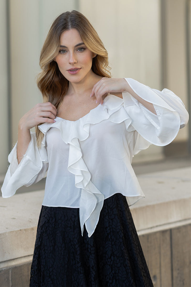 Blusa Poliana Crepe Manga Longa Vazada - Branco