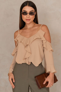 Blusa Poliana Crepe Manga Longa Vazada - Bege