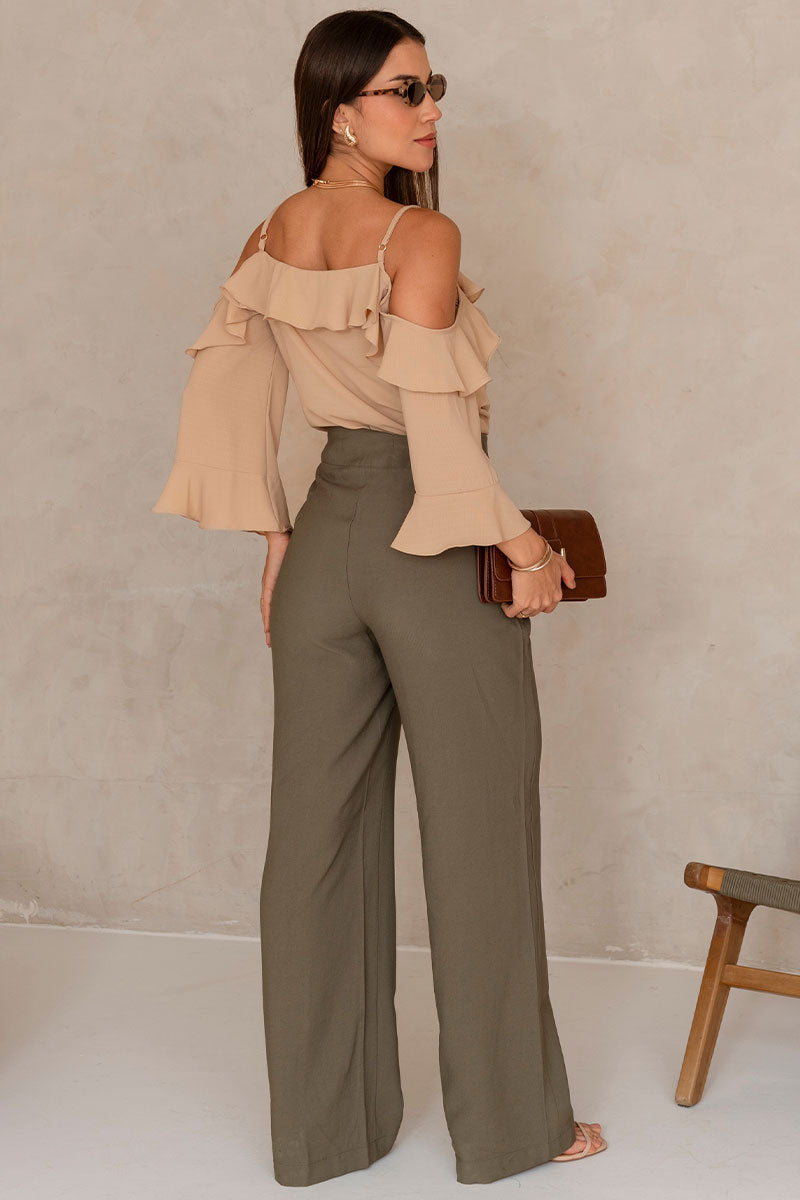 Blusa Poliana Crepe Manga Longa Vazada - Bege