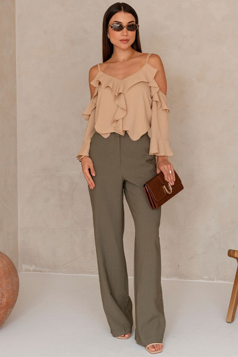 Blusa Poliana Crepe Manga Longa Vazada - Bege