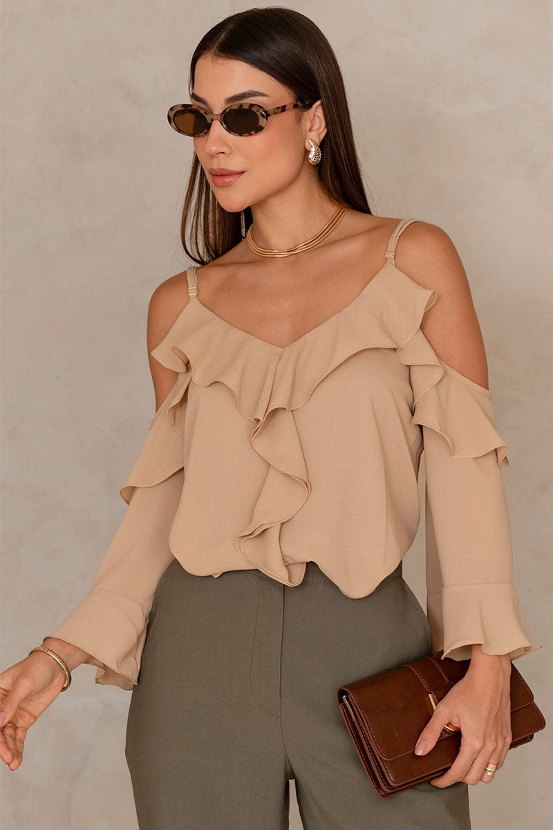 Blusa Poliana Crepe Manga Longa Vazada - Bege