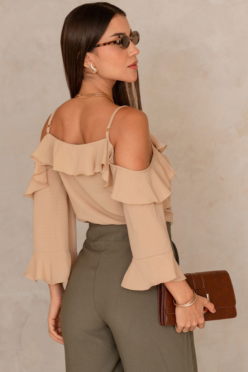 Blusa Poliana Crepe Manga Longa Vazada - Bege