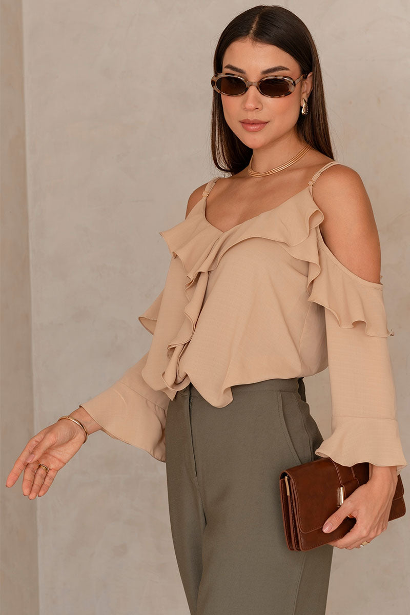 Blusa Poliana Crepe Manga Longa Vazada - Bege