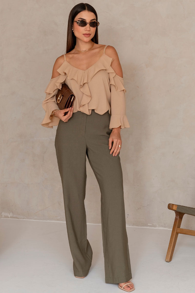 Blusa Poliana Crepe Manga Longa Vazada - Bege