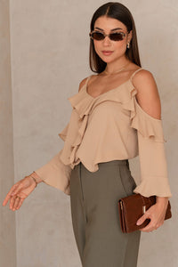 Blusa Poliana Crepe Manga Longa Vazada - Bege