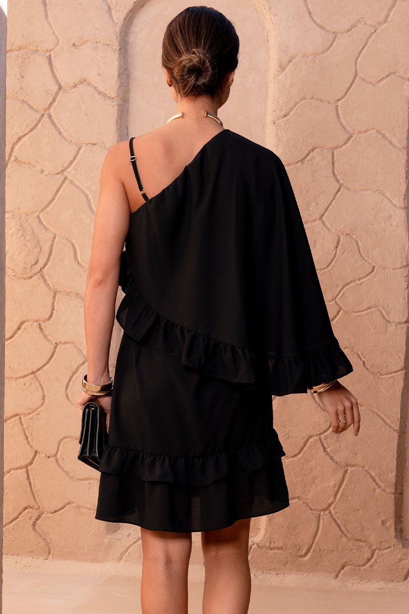 Vestido Kiara Midi Um Ombro Só Com Babado - Preto