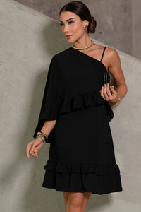 Vestido Kiara Midi Um Ombro Só Com Babado - Preto