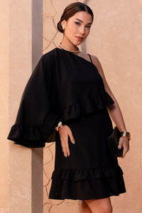 Vestido Kiara Midi Um Ombro Só Com Babado - Preto