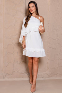 Vestido Kiara Midi Um Ombro Só Com Babado - Branco