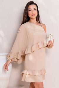 Vestido Kiara Midi Um Ombro Só Com Babado - Bege