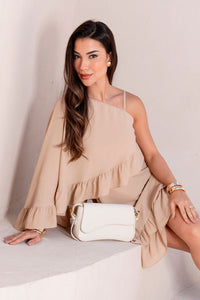 Vestido Kiara Midi Um Ombro Só Com Babado - Bege