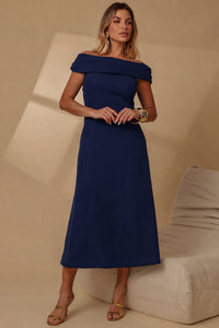 Vestido Ravena Midi Ombro a Ombro - Azul Marinho