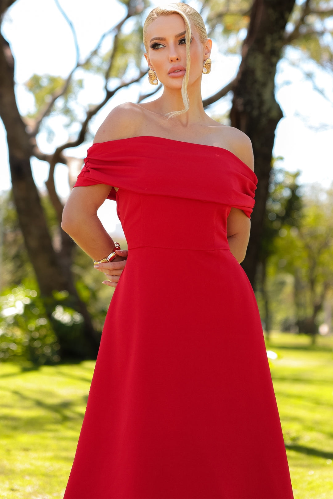 Vestido Ravena Midi Ombro a Ombro - Vermelho