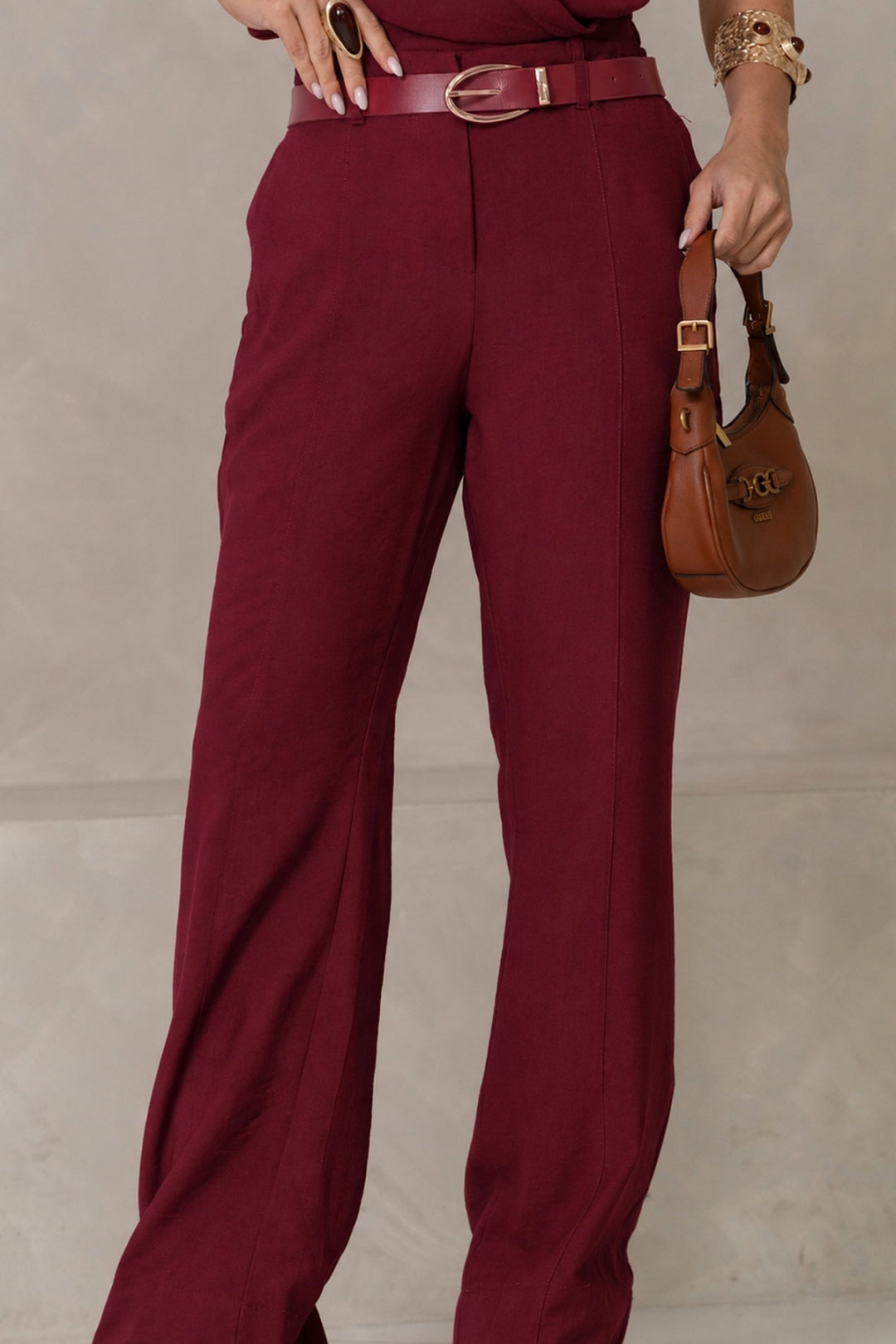 Conjunto Veri Calça e Cropped Lapela com Cinto com Fivela - Vinho