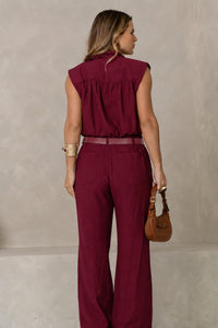 Conjunto Veri Calça e Cropped Lapela com Cinto com Fivela - Vinho