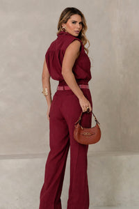 Conjunto Veri Calça e Cropped Lapela com Cinto com Fivela - Vinho