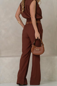 Conjunto Veri Calça e Cropped Lapela com Cinto com Fivela - Marrom