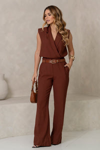 Conjunto Veri Calça e Cropped Lapela com Cinto com Fivela - Marrom