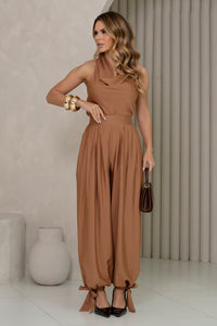 Conjunto Arábia Calça Aladim Blusa Cava Americana - Marrom