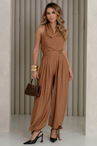 Conjunto Arábia Calça Aladim Blusa Cava Americana - Marrom
