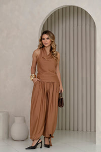 Conjunto Arábia Calça Aladim Blusa Cava Americana - Marrom