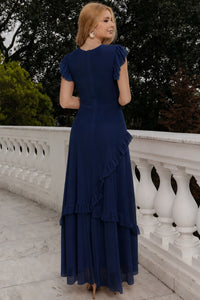 Vestido Phoebe Longo com Babados na Saia - Azul Marinho