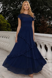Vestido Phoebe Longo com Babados na Saia - Azul Marinho