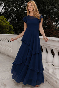 Vestido Phoebe Longo com Babados na Saia - Azul Marinho