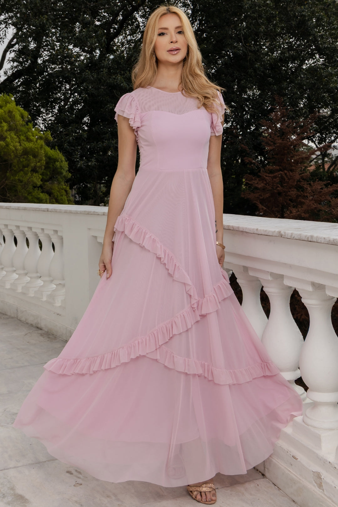 Vestido Phoebe Longo com Babados na Saia - Rosa