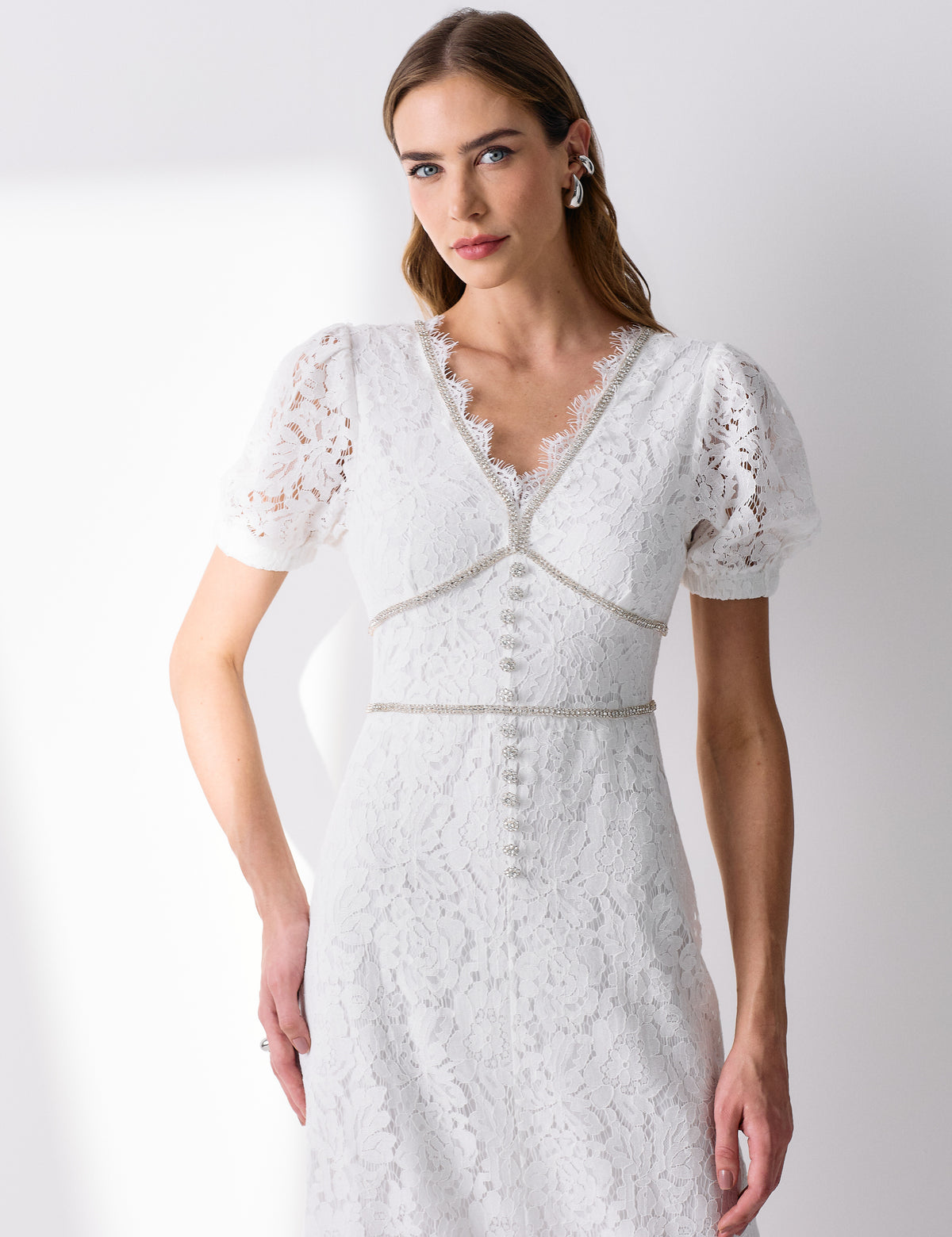 Vestido Renda Strass Fernanda - Off White