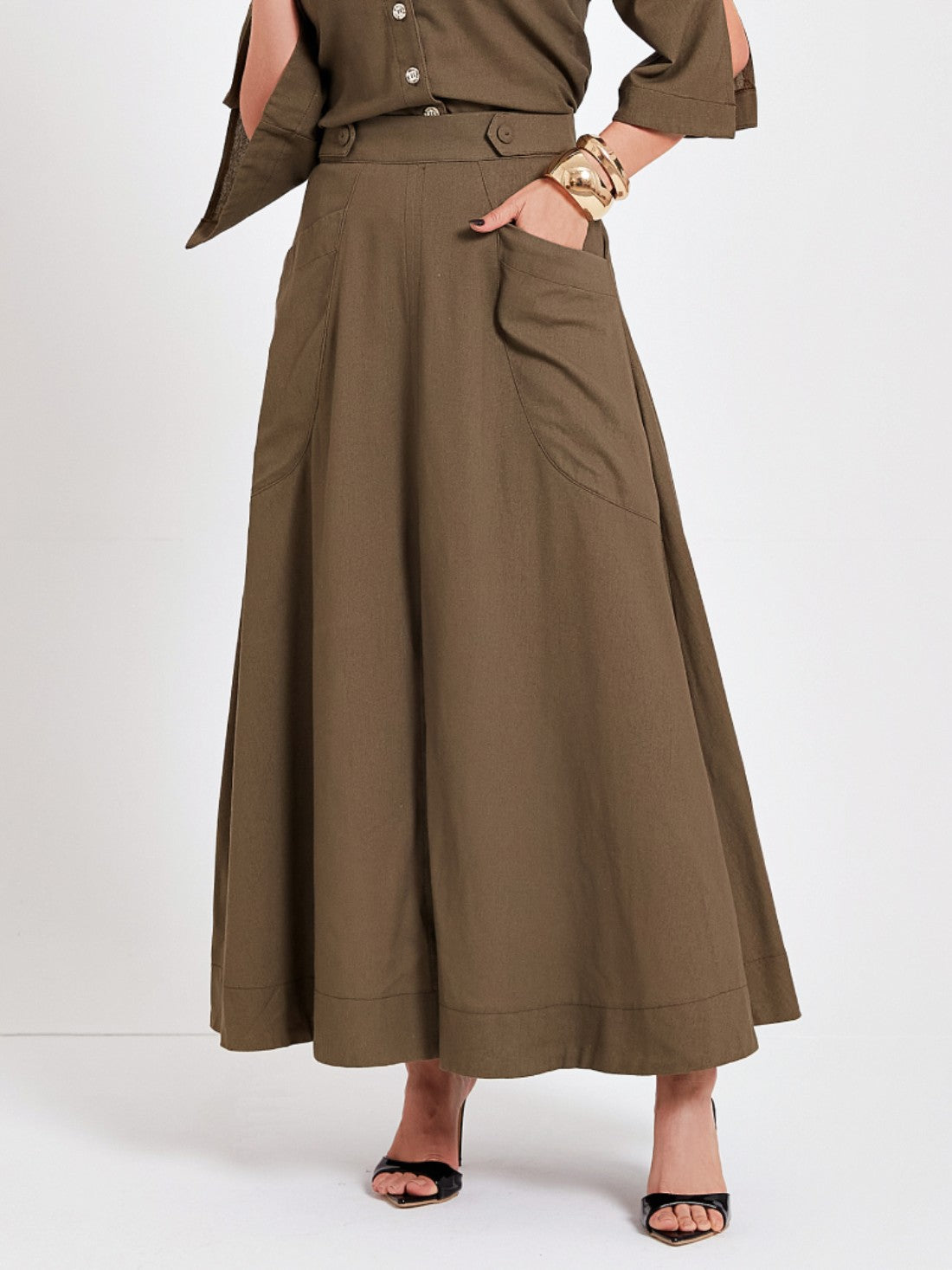 Saia Mamorena Midi em Linho com Fenda Frontal