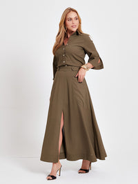 Saia Mamorena Midi em Linho com Fenda Frontal