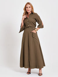 Saia Mamorena Midi em Linho com Fenda Frontal