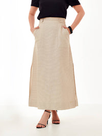 Saia Mamorena Longuete em Linho Misto com Martingale na Cintura