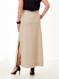 Saia Mamorena Longuete em Linho Misto com Martingale na Cintura