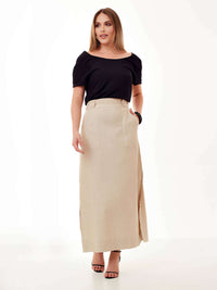 Saia Mamorena Longuete em Linho Misto com Martingale na Cintura