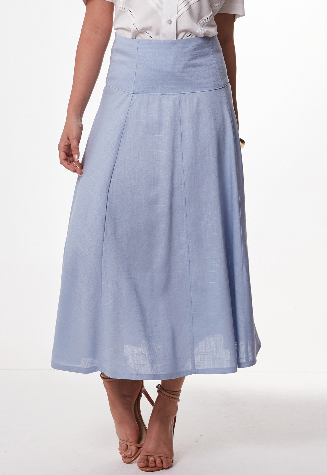 Saia Mamorena Midi em Linho com Cos Largo Pespontado