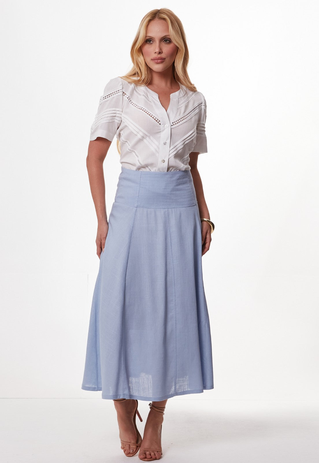 Saia Mamorena Midi em Linho com Cos Largo Pespontado