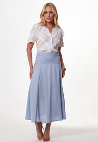 Saia Mamorena Midi em Linho com Cos Largo Pespontado