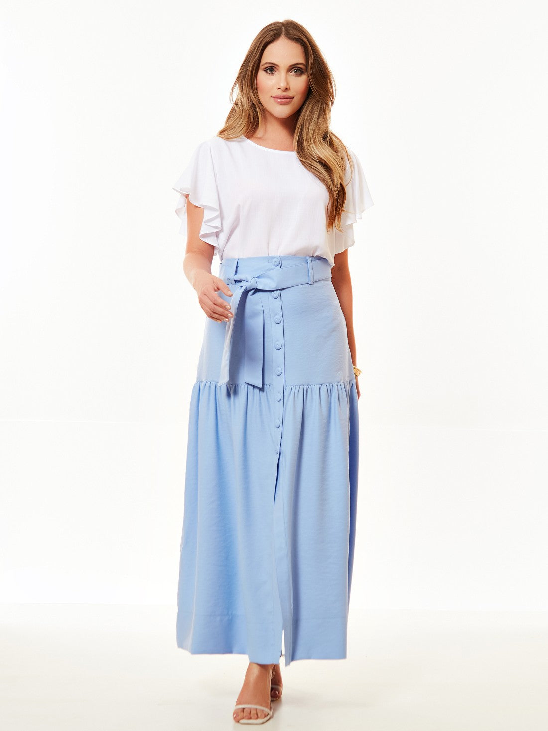 Saia Mamorena Midi em Liocel com Botões