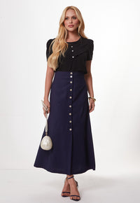 Saia Mamorena Midi Evasê em Liocel com Recortes e Botões de Madrepérola