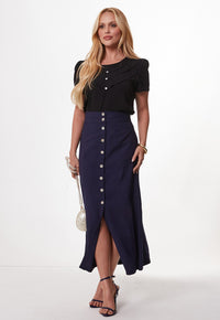 Saia Mamorena Midi Evasê em Liocel com Recortes e Botões de Madrepérola