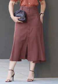 Saia Mamorena Midi Godê em Linho com Abertura Frontal de Botões