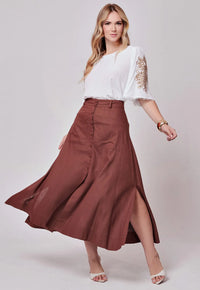 Saia Mamorena Midi Godê em Linho com Abertura Frontal de Botões