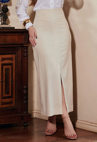 Saia Mamorena Midi Reta em Linho com Elastano com Cós Pespontado