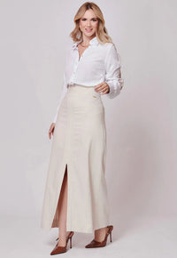 Saia Mamorena Midi Reta em Linho com Elastano com Cós Pespontado