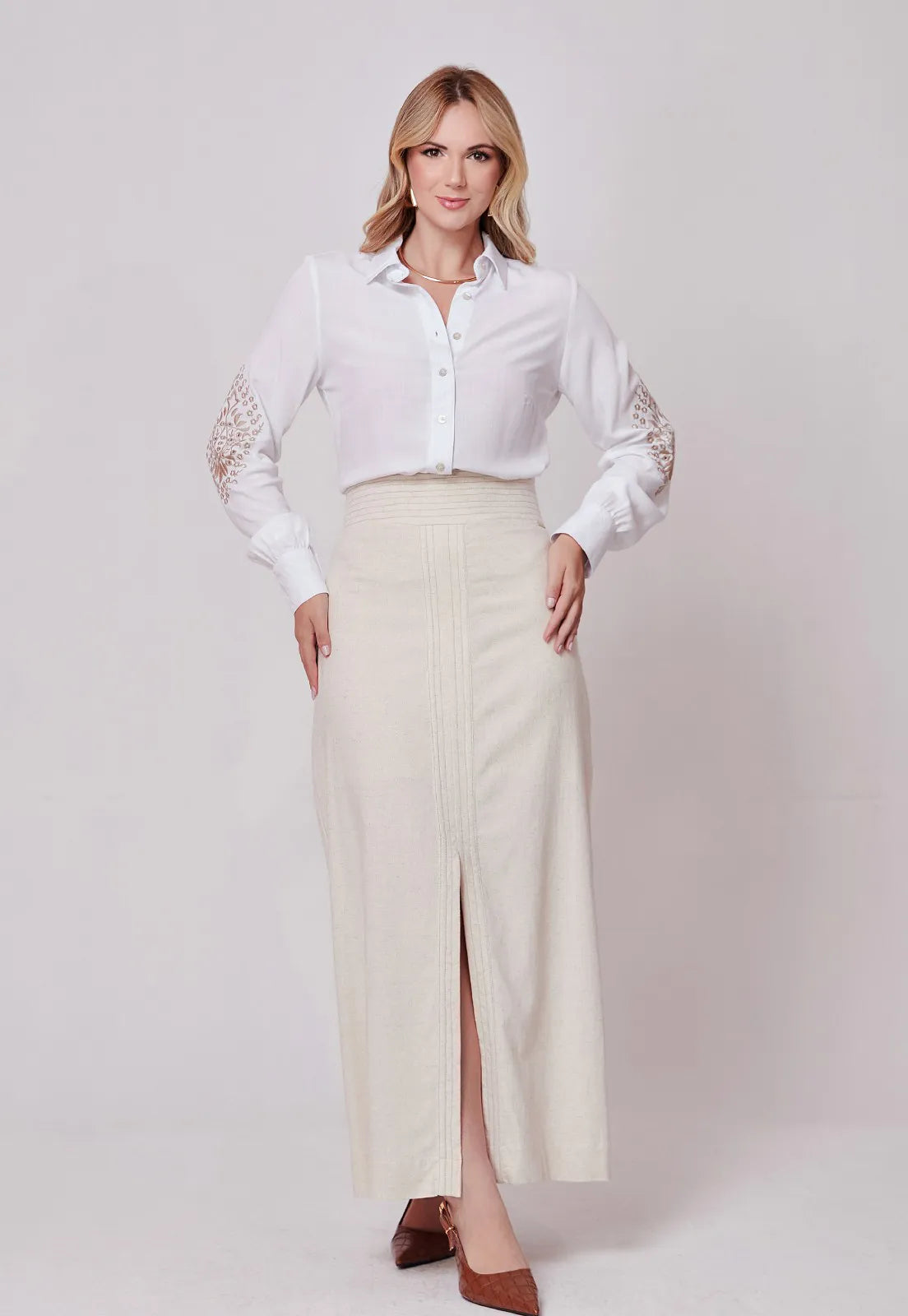 Saia Mamorena Midi Reta em Linho com Elastano com Cós Pespontado